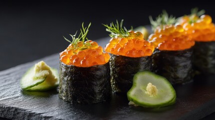 Salmon roe sushi rolls placed on a sleek black slate, garnished with cucumber slices and wasabi for an elegant presentation.