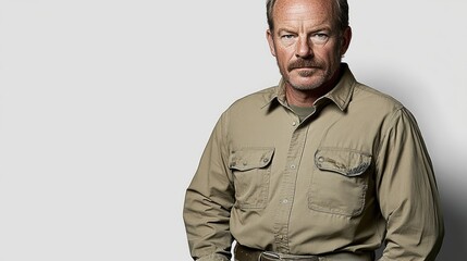 A mature man with a serious expression wears a khaki shirt. Suitable for ads showcasing rugged attire or portraying characters in dramatic settings.