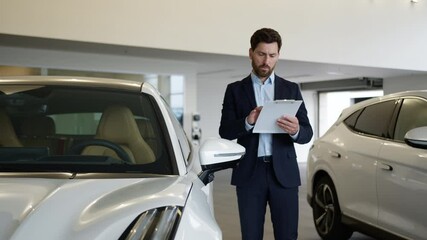 Caucasian adult man holding clipboard document salesman analyzing dealer showroom auto automobile new car rental service male guy consultant manager salon insurance credit buying vehicle writing check