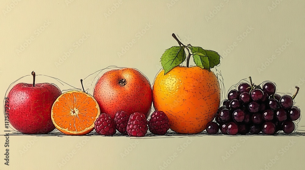 Poster colorful minimal line art of assorted fruits playfully arranged on a neutral background