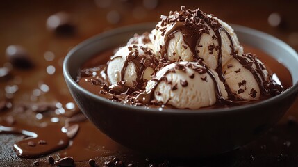 Vanilla ice cream scoops with chocolate sauce and shavings in a bowl.