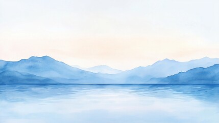 Serene Watercolor Landscape: Mountains and Lake at Dawn