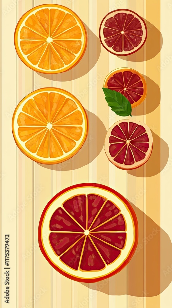 Poster vibrant fruit slices displayed in a minimal line art style on a wooden background