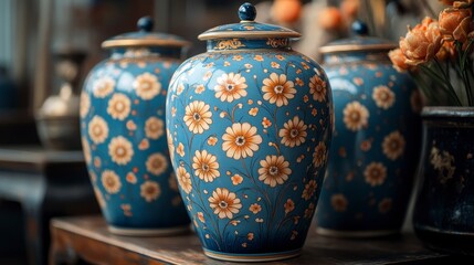 Trio of blue floral ornate pottery jars.