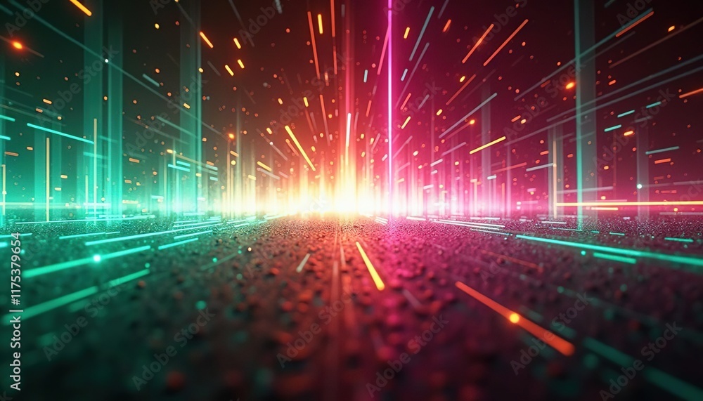Poster Futuristic light beams and glowing trails in motion creating a tunnel effect with speed lines