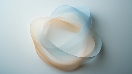 Abstract image of translucent ribbons in soft blue and beige tones, creating a flowing, elegant composition.