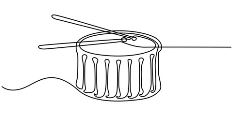 One single line drawing of little drum with drum sticks. Percussion music instruments concept. Dynamic continuous line draw design graphic vector illustration, One line drawing drum with two sticks.