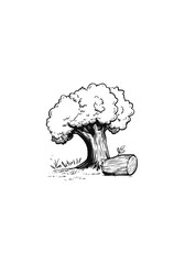 Majestic Tree with Grass and Cut Log in Black Vector Art