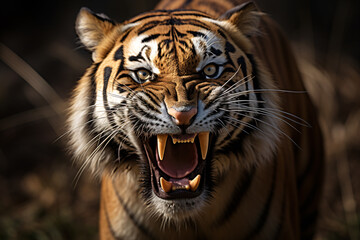 Fierce Close-Up of an Intimidating Tiger Showing Teeth and Emitting a Roar in the Wild with a Blurred Background