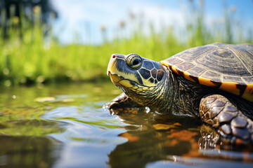 Obraz premium Close-Up of a Colorful Turtle Sunbathing on a Tranquil Water Surface Surrounded by Lush Greenery Under Bright Blue Sky