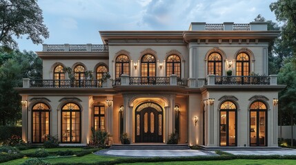 Naklejka premium Grand neoclassical mansion at dusk, illuminated windows, landscaped lawn.