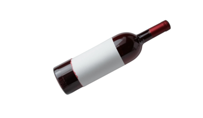 A bottle of red wine lies on its side with a blank white label, isolated on a white background.