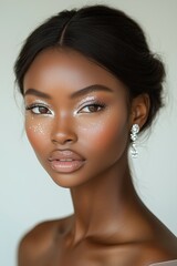 Naklejka premium model with sleek and brown skin, shiny hair in an elegant updo hairstyle and silver glitter eyeshadow on her brown eyes, wearing diamond earrings
