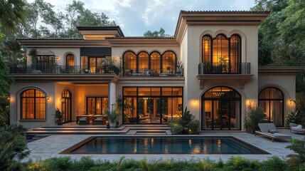 Naklejka premium Dusk view of illuminated mansion.