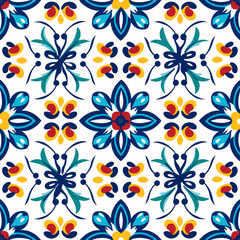 Colorful Floral Pattern Design with Blue, Yellow, and Red Elements on White Background for Textile and Wallpaper Use in Various Creative Projects