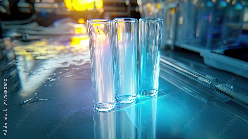 Poster Translucent Test Tubes Illuminate With Vibrant Gradient Light in a Lab Setting
