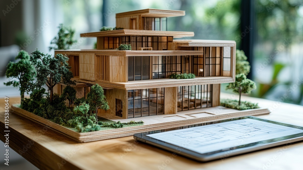 Poster architectural design workspace featuring a 3d model, drafting table, and tablet displaying detailed 