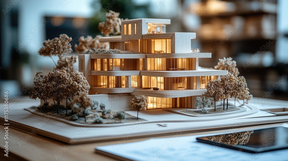 Poster architectural design workspace featuring a detailed 3d model, drafting table, and tablet displaying 