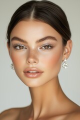model with sleek and brown skin, shiny hair in an elegant updo hairstyle and silver glitter eyeshadow on her brown eyes, wearing diamond earrings