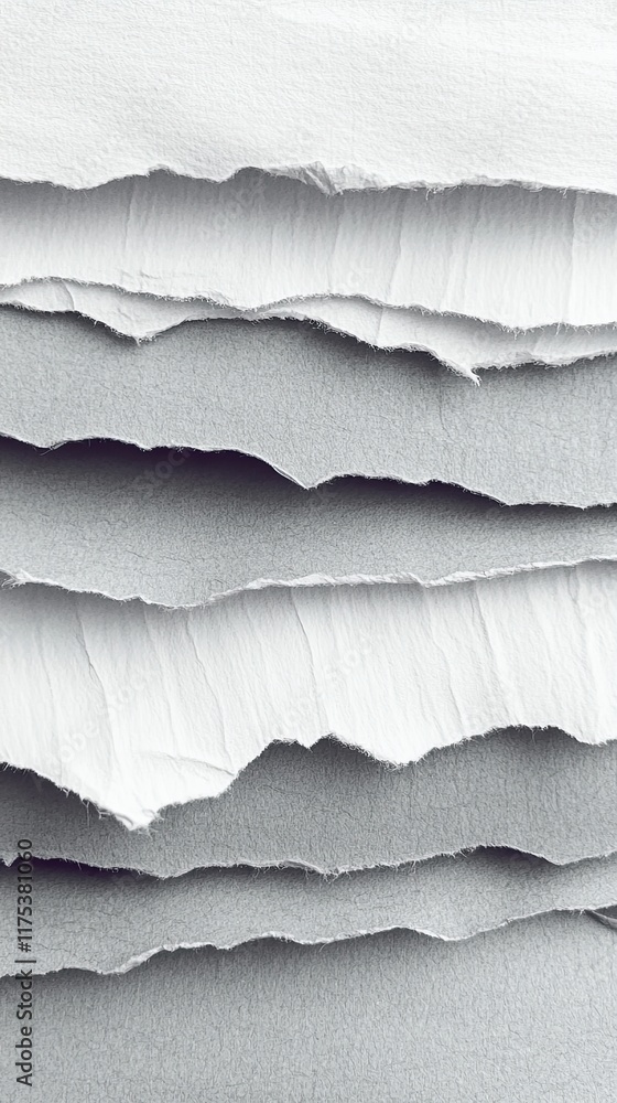 Poster textured layers of gray and white paper create a minimalist composition with torn edges