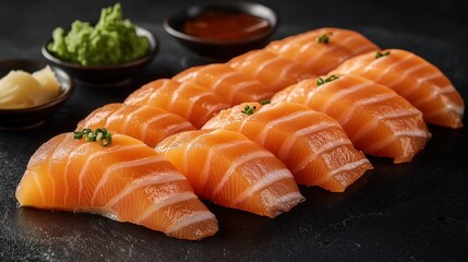 Traditional salmon nigiri sushi arranged beautifully on a black surface, complemented by dipping sauces and garnish.
