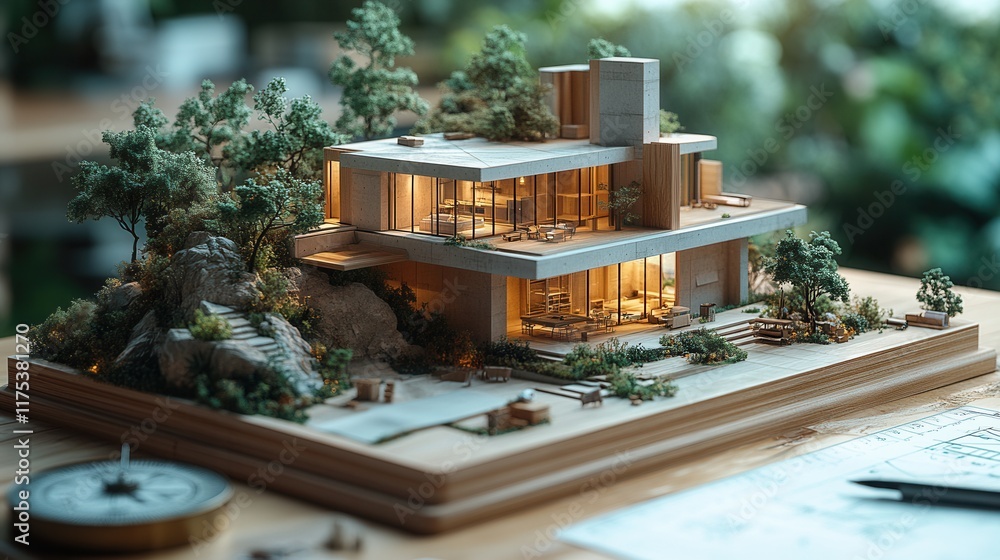 Poster architectural design process, showcasing a 3d model, design sketches, drafting tools, creativity in 