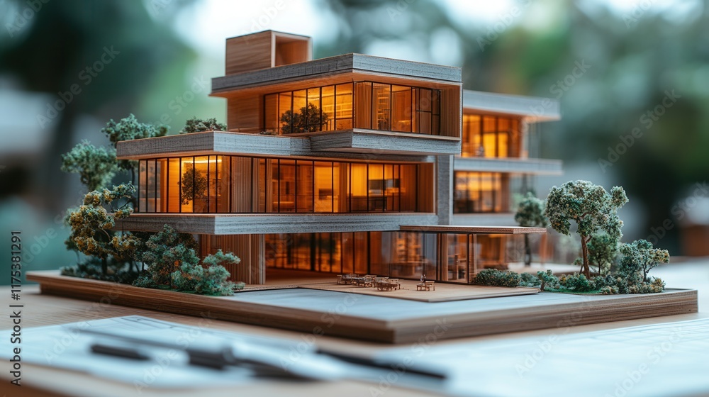 Poster architectural model and design sketches with drafting tools, showcasing innovative spatial concepts 