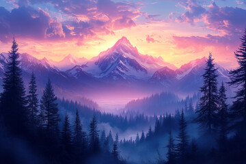 Obraz premium Majestic Mountain Peak Sunrise Over Misty Forest