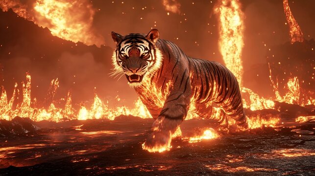 Fiery Tiger: A digital artwork of a majestic tiger engulfed in flames, amidst a volcanic landscape. The scene depicts power, destruction, and a touch of magic.