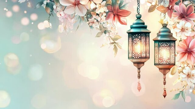 Elegant Ramadan greeting card design with lanterns and floral motifs, soft pastel colors, ample space for personalized message