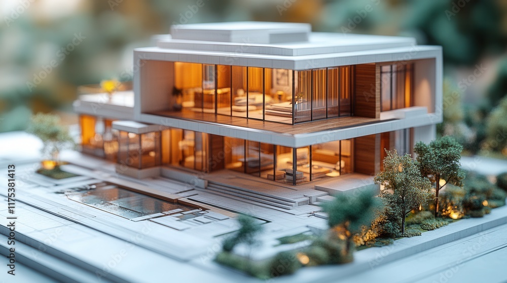 Poster 3d architectural visualization of a modern house design with detailed plans and a scale model showca