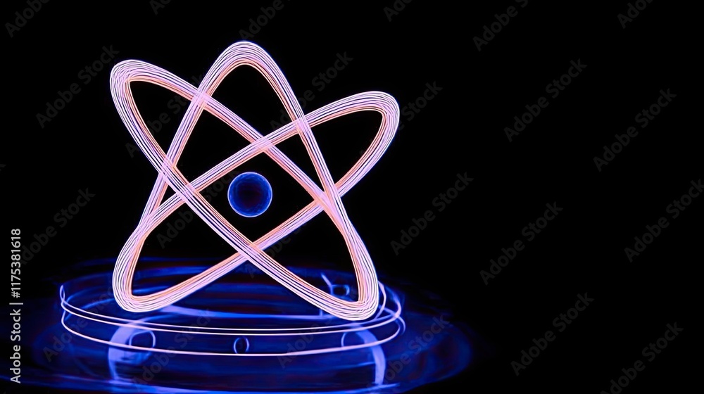 Poster minimalist atom design with orbiting electrons glowing in blue and white on a black canvas