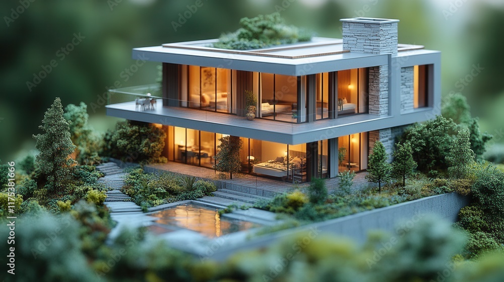 Poster 3d architectural model showcasing a house design, complete with detailed plans and a scale represent