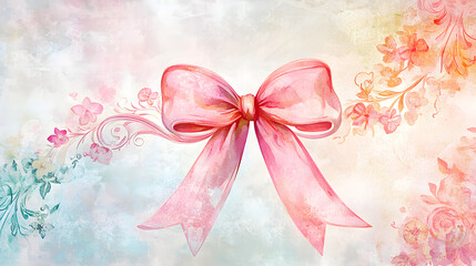 Craft an Enchanting Invitation Featuring an Ornate Pink Bow and Whimsical Floral Patterns in Magical Watercolor Style for Delightful Coquette Events
