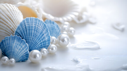 An Elegant Design of Blue Seashells and Luminous Pearls Against a Stark White Background