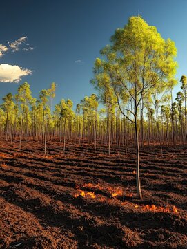 Reforestation in arid landscape, sunlit trees, plowed field, outback.