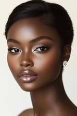 model with sleek and brown skin, shiny hair in an elegant updo hairstyle and silver glitter eyeshadow on her brown eyes, wearing diamond earrings