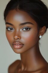 Naklejka premium model with sleek and brown skin, shiny hair in an elegant updo hairstyle and silver glitter eyeshadow on her brown eyes, wearing diamond earrings