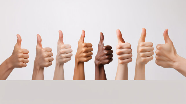 Diverse Thumbs Up Gesture Displayed by Hands of Various Skin Tones Against a Simple Background for Positive Affirmation and Agreement Concept