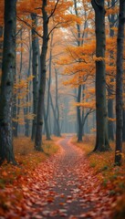 Obraz premium A winding path meanders through a tranquil forest, adorned with brilliant orange and yellow leaves. The misty atmosphere enhances the enchanting beauty of the scene, inviting viewers to explore the