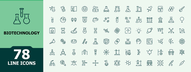 Set of Biotechnology line icons. Includes icons for scientific, innovation, scientist, experiment, microscope, interaction, science. Minimalist editable vector icon and illustration.