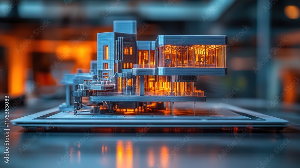 Poster 3d printing innovation, showcasing a printer with a detailed building model and design software on s