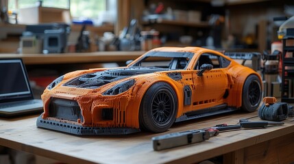Fototapeta premium 3D-printed car model alongside a laptop and modeling tools on a workbench, showcasing creativity and innovation in design and engineering