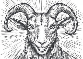 Smiling Goat with Majestic Curved Horns - A whimsical illustration of a smiling goat with large, expressive eyes and impressive curved horns. Symbolizing joy, nature, strength, resilience, and freedom