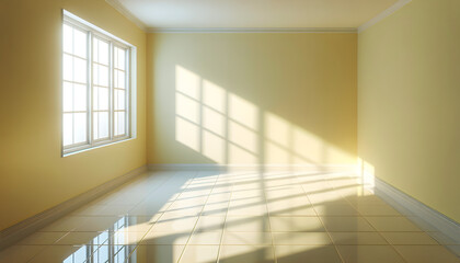 Obraz premium Sunlit Empty Room with Yellow Walls and Geometric Shadows
