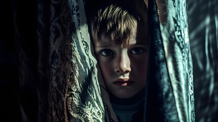 A Frightened Child Hiding Under a Blanket in a Dimly Lit Room with Unsettling Shadows