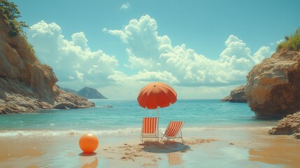 Beachside Relaxation, vibrant beach chair and umbrella with a colorful beach ball on a sunny shore, inviting summer vibes and leisure moments