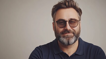 Fototapeta premium Confident man with glasses and salt and pepper beard smiles slightly. Ideal for a professional profile picture or lifestyle blog post.
