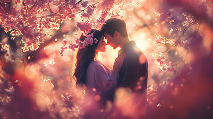 A Joyful Celebration of Love: A Couple Surrounded by Cherry Blossoms and Dancing Petals Radiating Warmth and Happiness
