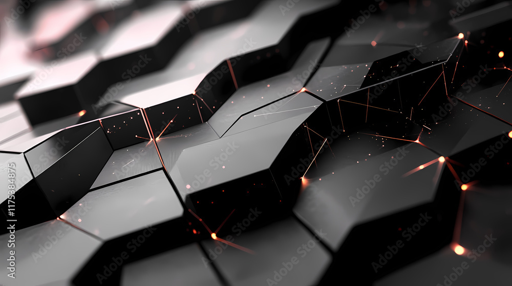 Poster abstract black hexagonal patterns with glowing edges and intricate details in a modern design. gener